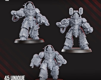 May include: Three gray miniature figures of armored warriors, each with detailed armor and weaponry. The figures are on black bases, with the text "45 UNIQUE PARTS" at the bottom. The DakkaDakka.Store logo is at the top.