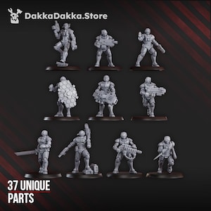 May include: A set of grey miniature soldier figurines, each with unique poses and weaponry. The figures are mounted on black bases. The text "37 UNIQUE PARTS" is visible at the bottom, and "DakkaDakka.Store" is at the top.