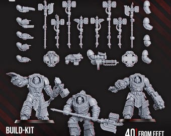 May include: A gray plastic build-kit with 84 parts, including miniature figures, weapons, and armor pieces. The kit features three armored figures and various weapons. The text "40 mm from feet to eyes" is visible.