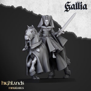 May include: A gray painted miniature figurine of a woman in a long robe and crown riding a horse. The woman is holding a sword and the horse is wearing armor. The text "Gallia" is written in black at the top of the image.
