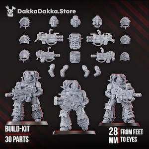 May include: A grey build-kit with 30 parts, including multiple armor pieces, weapons, and three figures. The figures are standing on rectangular bases. The text "28 mm from feet to eyes" is visible.