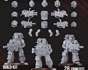 May include: A gray build-kit with 30 parts, including multiple armor pieces, weapons, and three figures. The figures are standing on rectangular bases. The text "28 mm from feet to eyes" is visible.