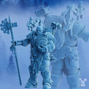 May include: A blue and grey 3D printed miniature of a futuristic warrior holding a large weapon. The warrior is wearing a helmet and armour with intricate details. The miniature is set against a blue and white background.