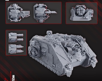 May include: A gray, multi-part model kit of a futuristic tank, featuring intricate details and weaponry. The image includes various component views and dimensions: 164mm long, 52mm high, and 63mm wide. The text "22 PARTS" is also visible.