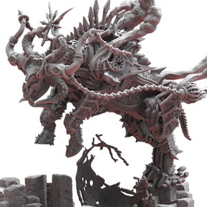 May include: A detailed, gray miniature of a monstrous creature with intricate armor and horns. The miniature is posed dynamically, with a complex design and a base featuring rocky terrain. The Lost Kingdom miniatures logo is in the upper right corner.
