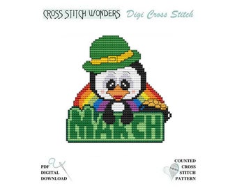 March Penguin Monthly St Patricks Day Shamrock Holiday Seasonal Counted Cross Stitch Cross Stitch Wonders PDF Pattern Chart Digital Download