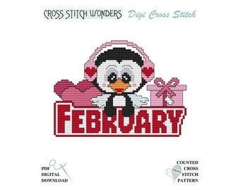 February Penguin Monthly Valentine's Day Love Holiday Seasonal Counted Cross Stitch Cross Stitch Wonders PDF Pattern Chart Digital Download