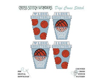 Basketball TO GO Cups, Sports, Cross Stitch, Cross Stitch Wonders, PDF, Digital, Download, Matching Wood Blank Available, Coffee, Key Fob