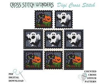 Halloween, Cat, Ghost, Postage Stamp, Stamp It, Series, Blank, Ornament, Counted Cross Stitch, Cross Stitch Wonders, Digital, Download
