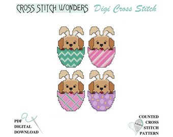 Dog, Easter Egg, Bunny Ears, Eggs, Counted Cross Stitch, PDF, Digital Download, Easter, Holiday, Fits wood blank, Cross Stitch Wonders