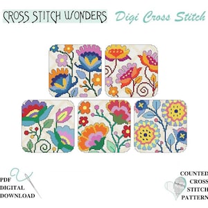 Flowers, Jacobean, Set 1, Colorful, Coasters, 60x60, Rounded Square, Counted Cross Stitch, PDF, Digital, Pattern, Cross Stitch Wonders