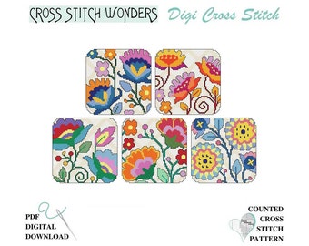 Flowers, Jacobean, Set 1, Colorful, Coasters, 60x60, Rounded Square, Counted Cross Stitch, PDF, Digital, Pattern, Cross Stitch Wonders