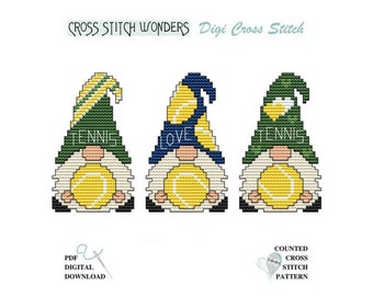 Little Gnome, TENNIS, Sport, Game, 3 Hat Styles, Fits Wood Blank, Gnome, Cute, Counted Cross Stitch, PDF, Cross Stitch Wonders, Digital