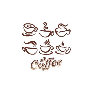 Op de afbeelding: Een bruine en witte illustratie van zes kopjes koffie met stoom die eruit opstijgt. Het woord "Koffie" staat in een gestileerd lettertype onder de kopjes.