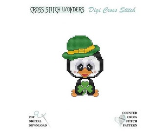 March Penguin Little Shamrock Clover Lucky Holiday Seasonal Counted Cross Stitch Cross Stitch Wonders PDF Pattern Chart Digital Download