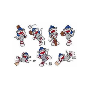 May include: Seven gray sock monkeys wearing blue baseball caps are playing baseball. The monkeys are in various poses, including batting, running, and catching. One monkey is holding a baseball bat, and another is holding a baseball.