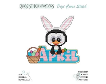 April Penguin Monthly Easter Bunny Rabbit Egg Holiday Seasonal Counted Cross Stitch Cross Stitch Wonders PDF Pattern Chart Digital Download