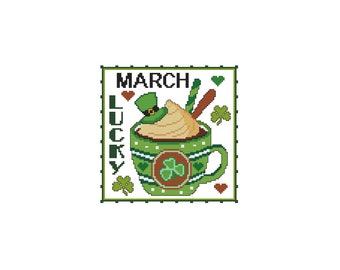 March, MUGS, A Year Of, Luck, Coffee, Tea, Monthly, Holiday, Seasonal, Counted Cross Stitch, Cross Stitch Wonders, Digital, Download