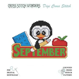 May include: Counted cross stitch pattern featuring a cartoon penguin holding a pencil and a book that says "MATH" on it. The penguin is sitting in front of a sign that says "SEPTEMBER" with a red apple to the right.