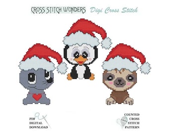 Santa Hat, Trio, Animal, Ornament, Seal, Penguin, Sloth, Christmas, Cute, Counted Cross Stitch, PDF, Cross Stitch Wonders, Digital, Download