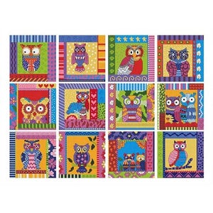 May include: Twelve colorful square patches featuring owls with different patterns and colors. Each patch has a different background pattern and color.