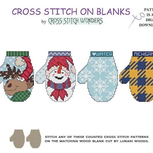 Puede incluir: Cuatro patrones de punto de cruz para mitones, con un reno, un muñeco de nieve, un diseño de copo de nieve y un diseño del estado de Michigan. Los patrones están impresos sobre un fondo blanco con el texto "Cross Stitch on Blanks" y "Cross Stitch Wonders".