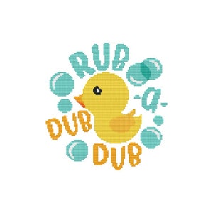 May include: A yellow rubber ducky with a blue beak and eyes surrounded by blue bubbles and the text "Rub-a-dub-dub".