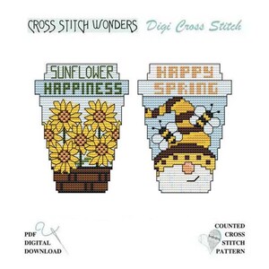 Sunflowers N' Spring TO GO Cups, Cross Stitch, Cross Stitch Wonders, PDF, Digital, Download, Matching Wood Blank Available, Coffee, Gnome image 1