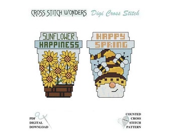 Sunflowers N' Spring TO GO Cups, Cross Stitch, Cross Stitch Wonders, PDF, Digital, Download, Matching Wood Blank Available, Coffee, Gnome