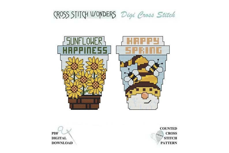 Sunflowers N' Spring TO GO Cups, Cross Stitch, Cross Stitch Wonders, PDF, Digital, Download, Matching Wood Blank Available, Coffee, Gnome image 1