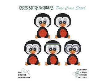 BASKETBALL, Sports Ball, Penguin, Headband, Glasses, Ball, Counted Cross Stitch, Cross Stitch Wonders, PDF, Pattern, Chart, Digital Download