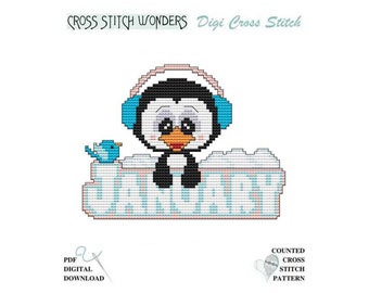 January Penguin Monthly Snow Winter Bird Cute Holiday Seasonal Counted Cross Stitch Cross Stitch Wonders PDF Pattern Chart Digital Download