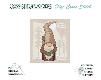 GNOME, Winter Woods, Counted Cross Stitch, Digital, PDF, Pattern, Download, Fit Wood Blanks, Cross Stitch Wonders, Half Stitch Background