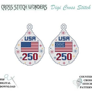 May include: Two cross-stitch patterns in a teardrop shape, featuring the American flag and the text "USA" and "250". The patterns are surrounded by starbursts. The words "Cross Stitch Wonders" and "Digi Cross Stitch" are at the top.