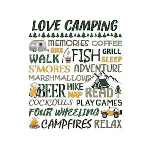 Love Camping, Fish, Beer, Campfire, Coffee, Cocktails, Bike, Walk, Hike, Counted Cross Stitch, PDF, Pattern, Cross Stitch Wonders, Chart