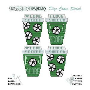 Soccer TO GO Cups, Sports, Cross Stitch, Cross Stitch Wonders, PDF, Digital, Download, Matching Wood Blank Available, Coffee, Key Fob, Score image 1