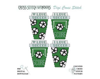 Soccer TO GO Cups, Sports, Cross Stitch, Cross Stitch Wonders, PDF, Digital, Download, Matching Wood Blank Available, Coffee, Key Fob, Score