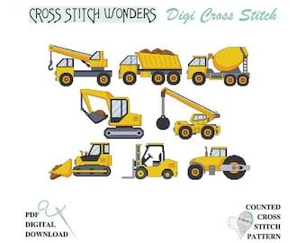 Construction Vehicle Combo Dump Truck Ball Crane Cement Mixer Backhoe Bulldozer Forklift Roller Big Boy Toy Counted Cross Stitch PDF Digital