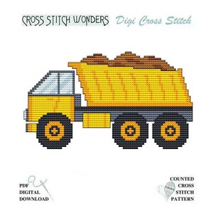 May include: A counted cross stitch pattern of a yellow dump truck with a brown load. The pattern is for a digital download.