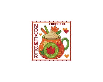 November, MUG, A Year Of, Love, Coffee, Tea, Month,Leaf,Holiday,Thanksgiving, Counted Cross Stitch, Cross Stitch Wonders, Digital, Download