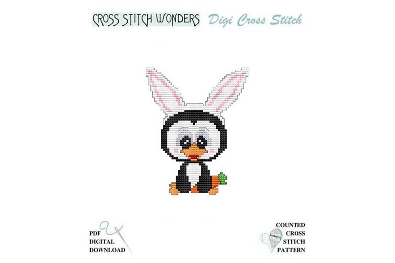 April Penguin Little Easter Eggs Bunny Rabbit Holiday Seasonal Counted Cross Stitch Cross Stitch Wonders PDF Pattern Chart Digital Download image 1