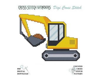 Back Hoe, Construction, Vehicle, Truck, Boy, Children, Big Boy Toy, Toy, Counted Cross Stitch, Cross Stitch Wonders, PDF, Digital, Download