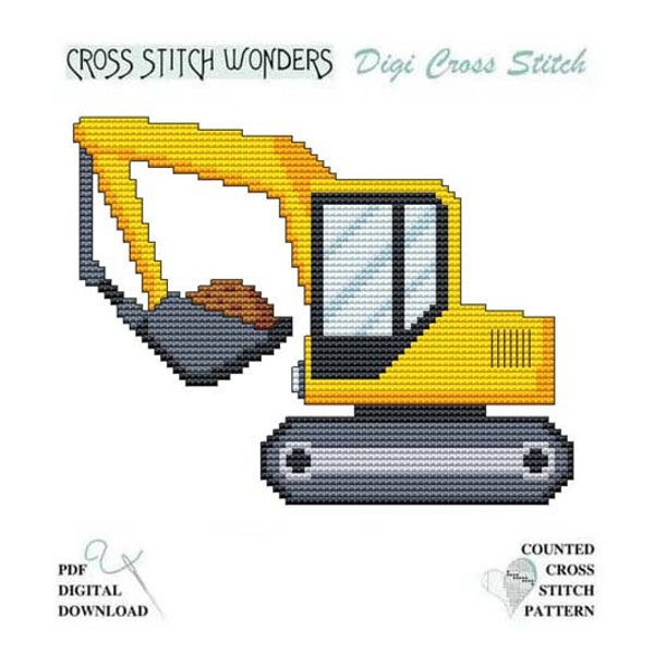 Back Hoe, Construction, Vehicle, Truck, Boy, Children, Big Boy Toy, Toy, Counted Cross Stitch, Cross Stitch Wonders, PDF, Digital, Download