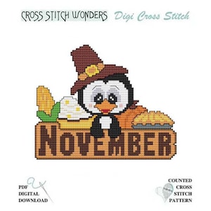 November pinguïn maandelijks Thanksgiving pompoen vakantie seizoensgebonden getelde kruissteek Cross Stitch Wonders PDF-patroongrafiek Digitale download