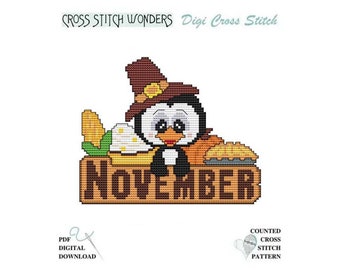 November Penguin Monthly Thanksgiving Pumpkin Holiday Seasonal Counted Cross Stitch Cross Stitch Wonders PDF Pattern Chart Digital Download