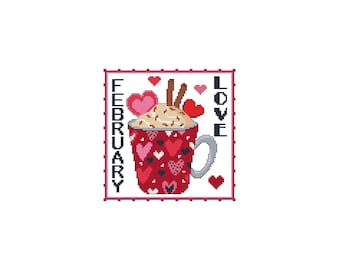February, MUG, A Year Of, Love, Coffee, Valentine, Monthly, Holiday, Seasonal, Counted Cross Stitch, Cross Stitch Wonders, Digital, Download