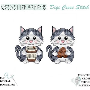 May include: A counted cross stitch pattern featuring two grey and white cats. One cat holds a tan coffee cup with the word COFFEE printed on it, while the other holds a brown cookie. The text CROSS STITCH WONDERS and Digi Cross Stitch appear above.