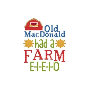 Puede incluir: Un granero rojo con un sol amarillo a cada lado del texto "Old MacDonald had a FARM E-I-E-I-O".