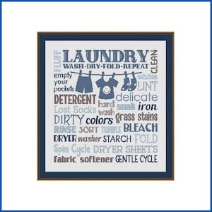 May include: A blue and white laundry themed word art print with the words "Laundry", "Wash", "Dry", "Fold", "Repeat", "Empty", "Your", "Pockets", "Whites", "Lint", "Detergent", "Hand", "Delicate", "Soak", "Iron", "Lost", "Socks", "Wash", "Dirty", "Colors", "Grass", "Stains", "Rinse", "Sort", "Tumble", "Bleach", "Dryer", "Washer", "Starch", "Fold", "Spin", "Cycle", "Dryer", "Sheets", "Fabric", "Softener", "Gentle", "Cycle".