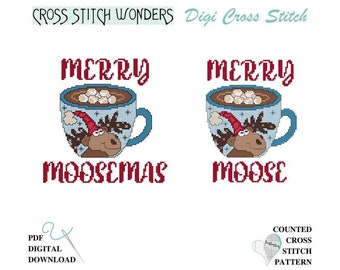 Merry Moosemas, Christmas, Mug, Hot Cocoa, Holiday, Winter, Moose, Counted Cross Stitch, Cross Stitch Wonders, Digital, PDF, Download